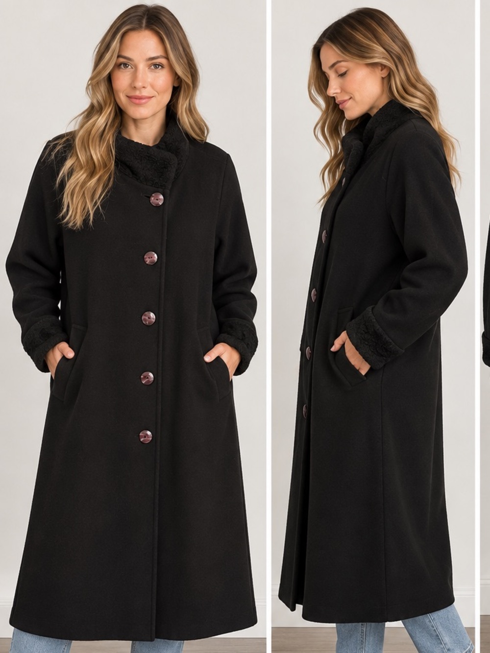 100% PURE WOOL Long Black Pea Coat with Faux-Shearling Trim - Women